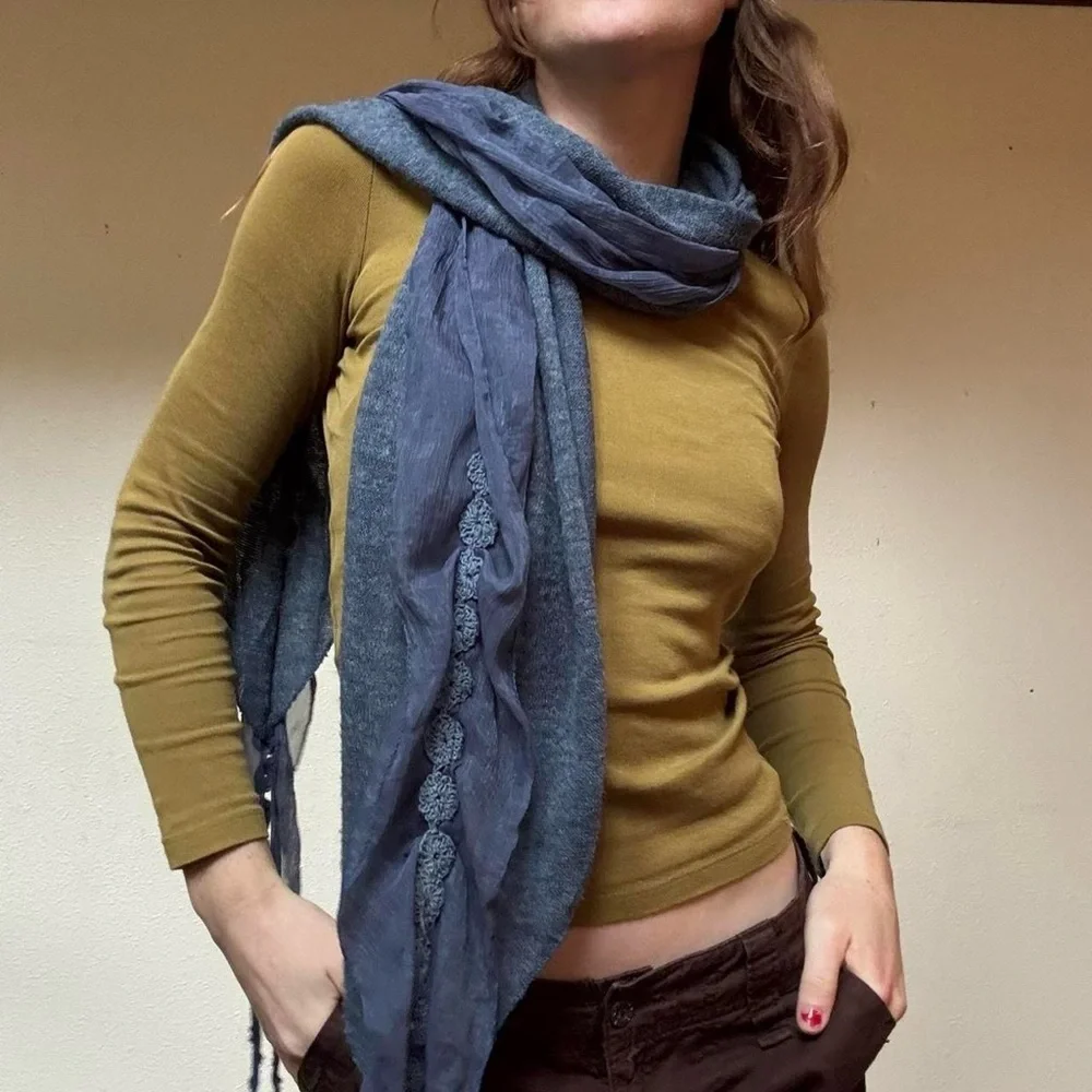 Blue gauzy embroidered scarf